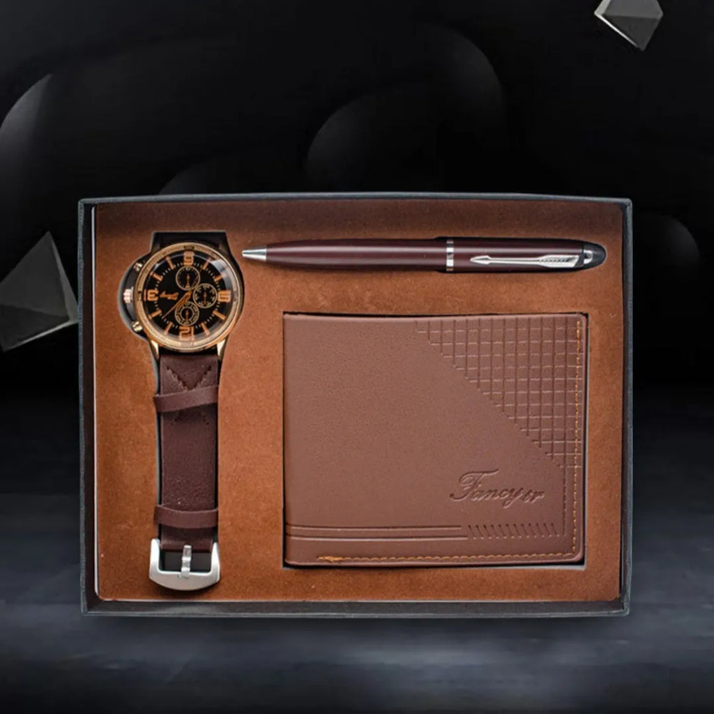 Creative holiday gift set containing a brown wallet, pen, and watch inside an open gift box.