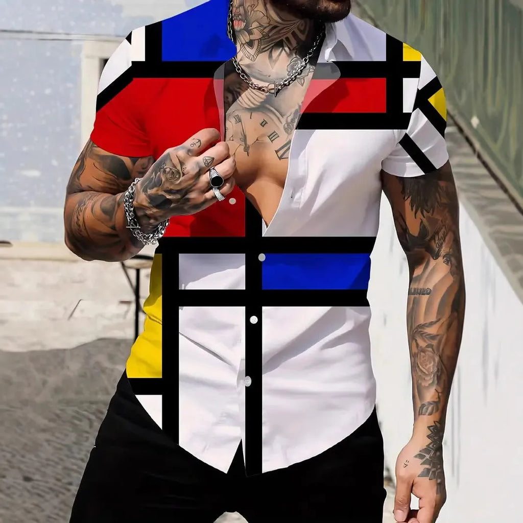 Men's slim fit geometric print short sleeve shirt with lapel collar on a hanger.