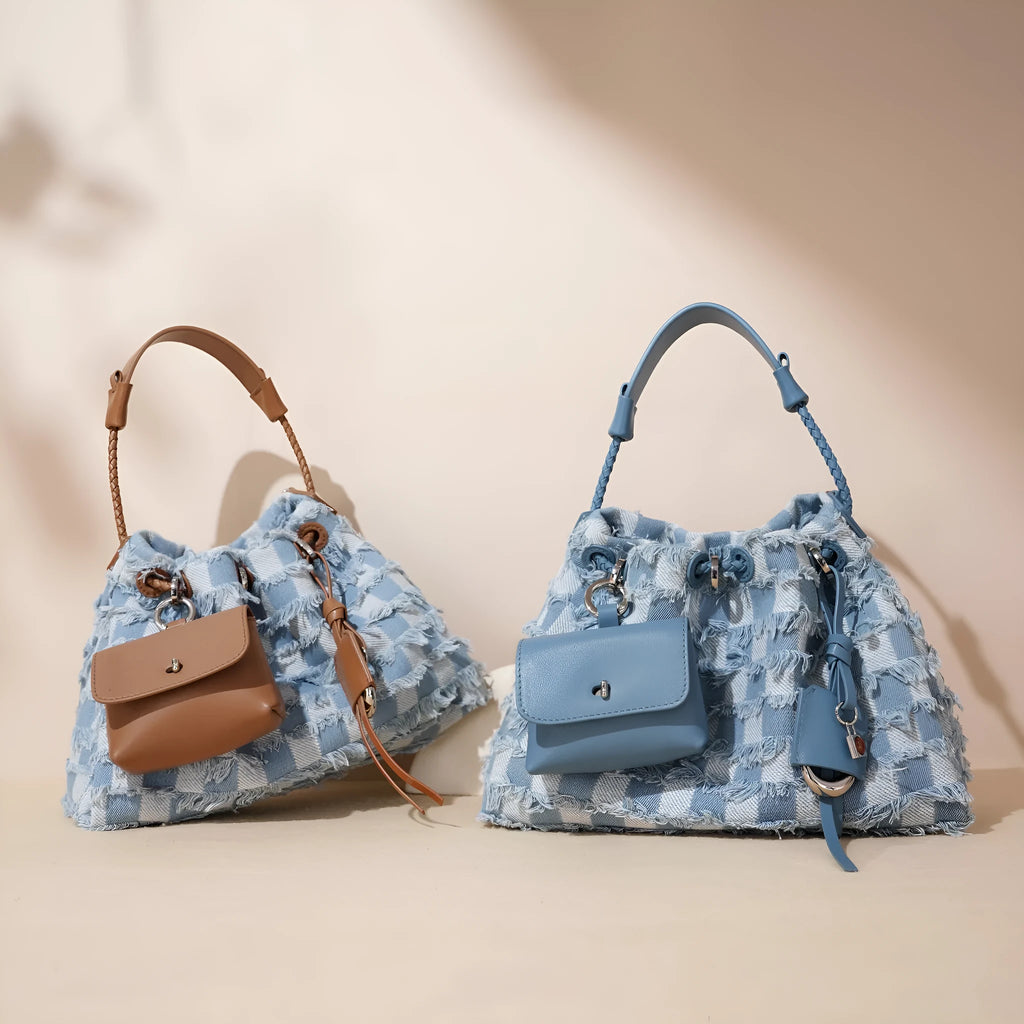 First layer cowhide one-shoulder underarm bag with denim contrast panels, horizontal square shape