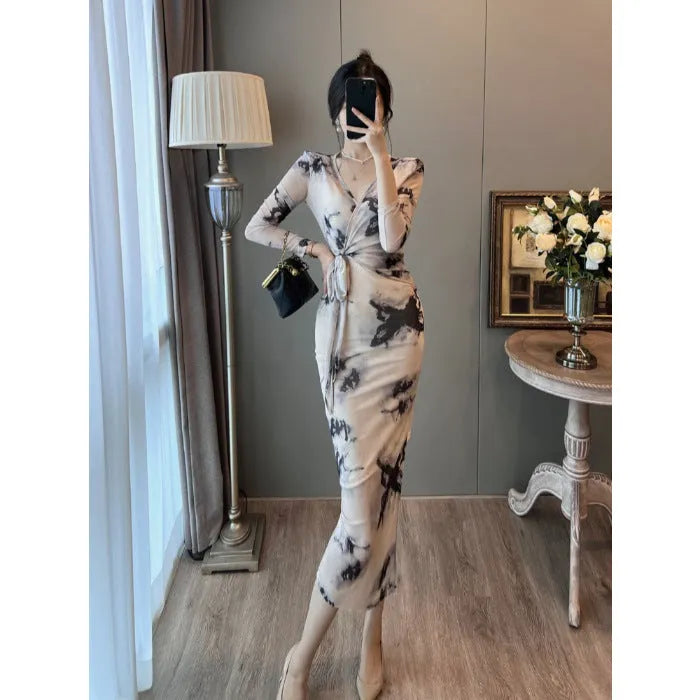 Women's gray high-waist V-neck bow mesh pencil skirt with butterfly pattern, front view