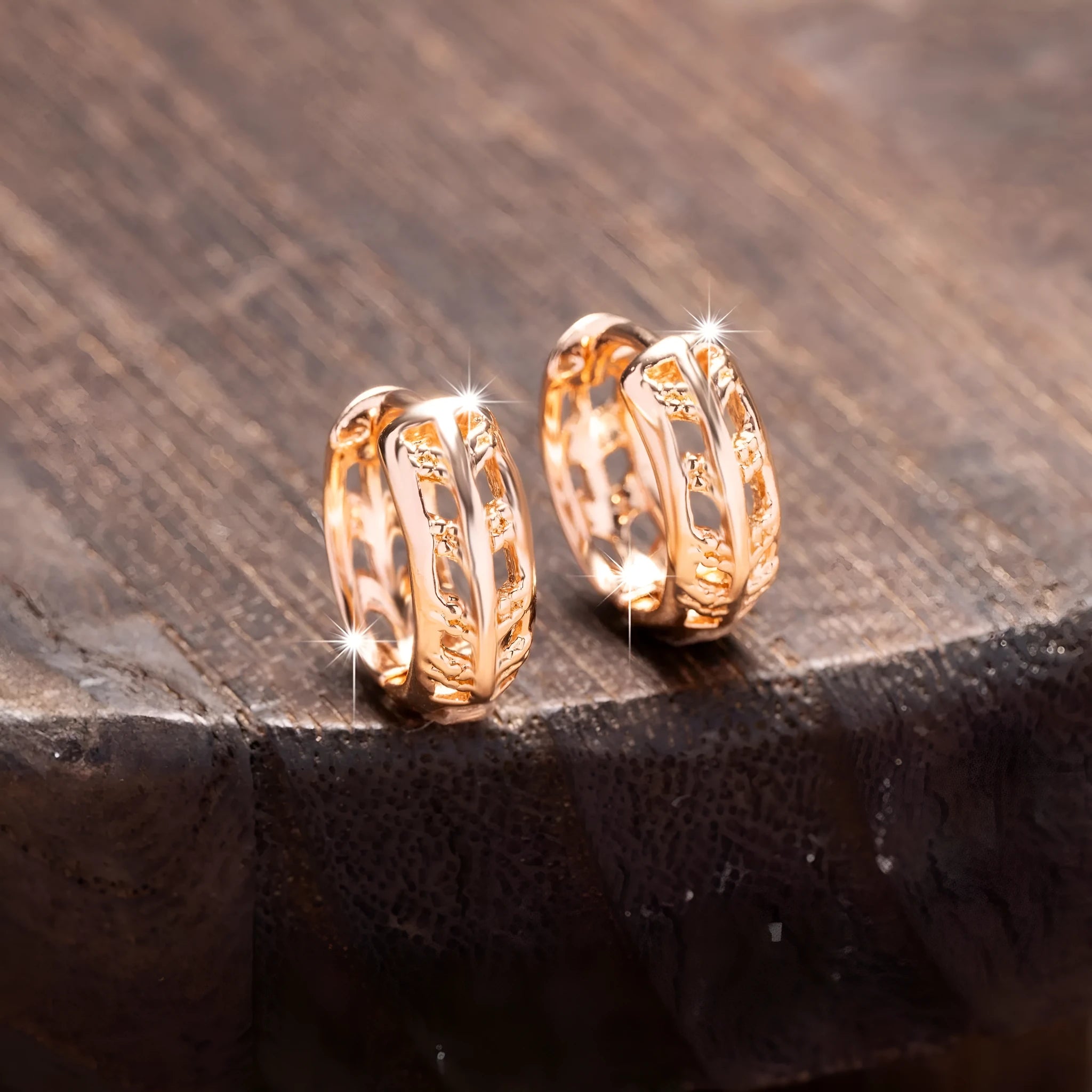 Small rose gold copper earrings with hollow heart and leaf design