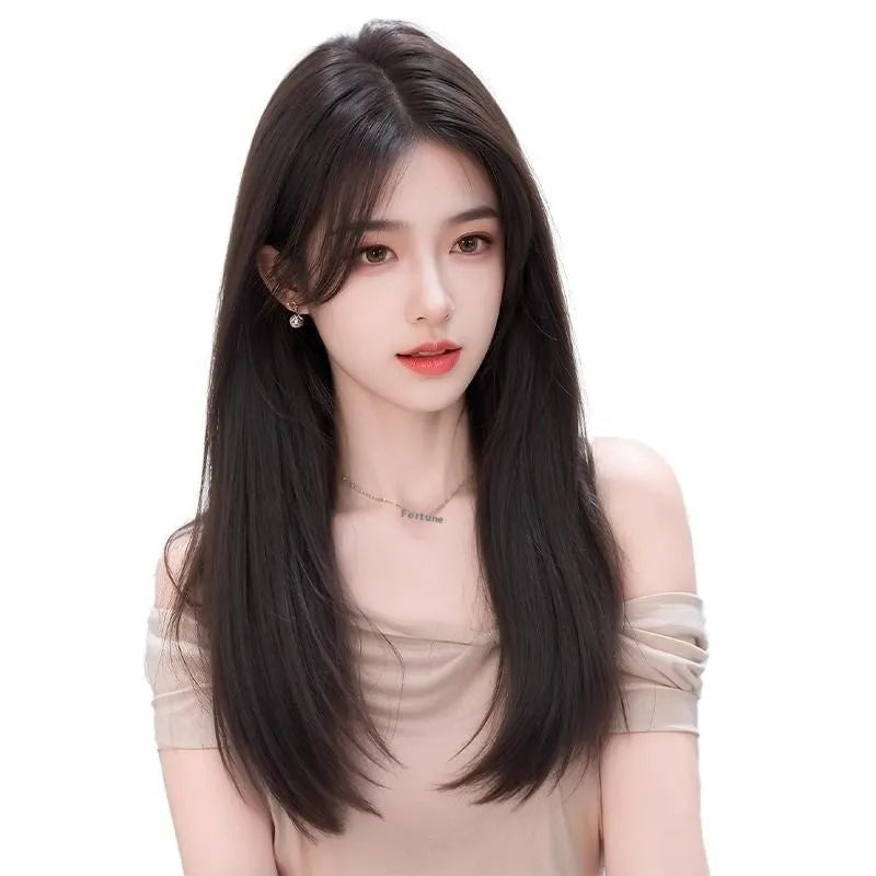 Brown Black high temperature fibre full-head wig with Chinese character bangs for ladies