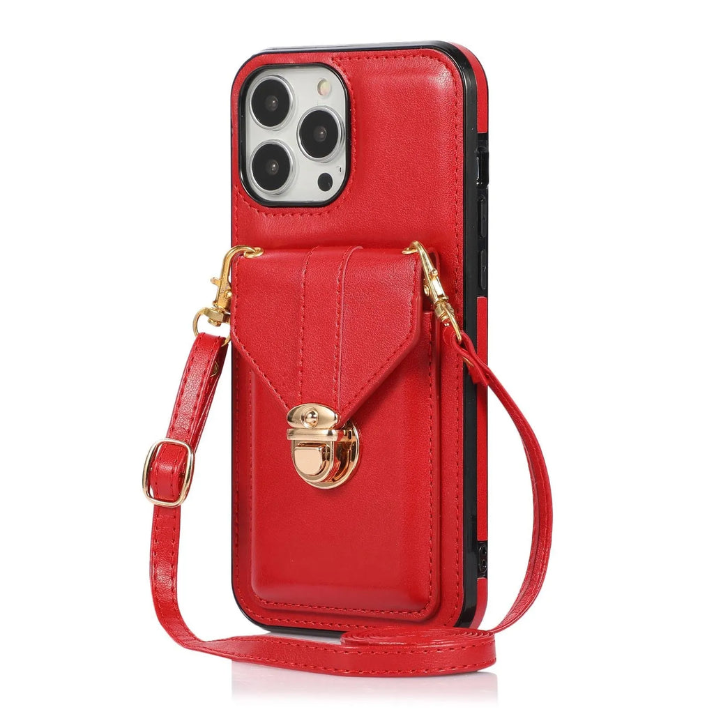 Black PU card holder phone case with cross-body lanyard for Samsung S20
