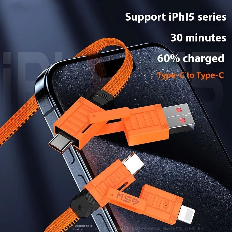 65W woven data cable 1.5m with Lightning and Type-C connectors, two-drag-two design, available in black white orange