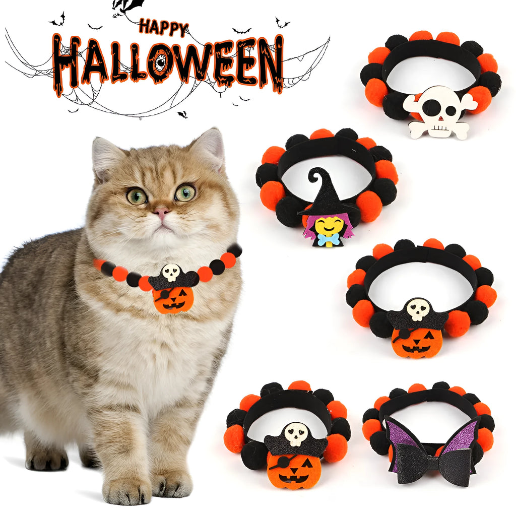 Halloween pet collar with fur ball decoration in pumpkin, pirate, skull, and witch colour designs