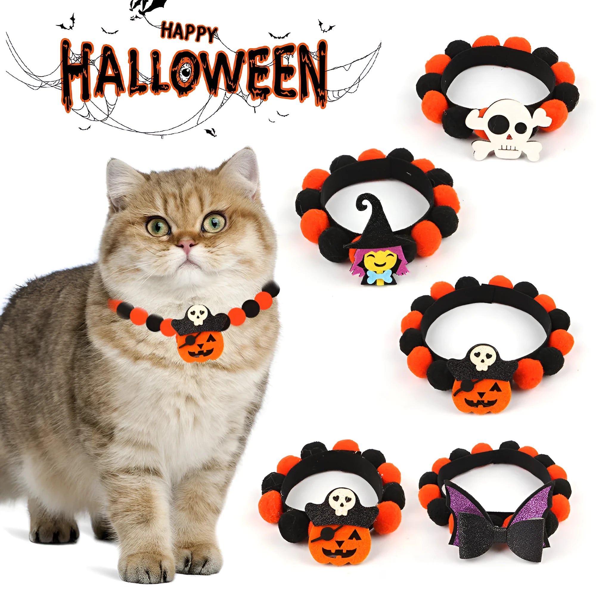 Halloween pet collar with fur ball decoration in pumpkin, pirate, skull, and witch colour designs