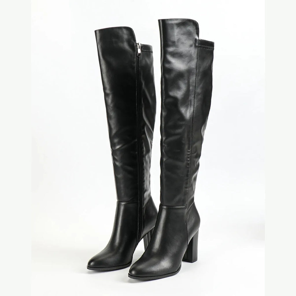 Women's black side zip pointed toe chunky heel long boots with cotton lining and rubber sole