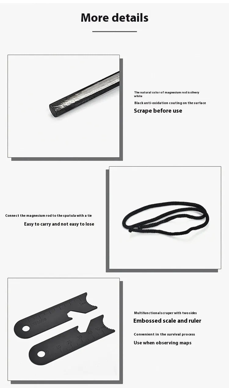 Black outdoor survival multi-tool showing magnesium rod flint and stainless steel scraper with multiple functions.