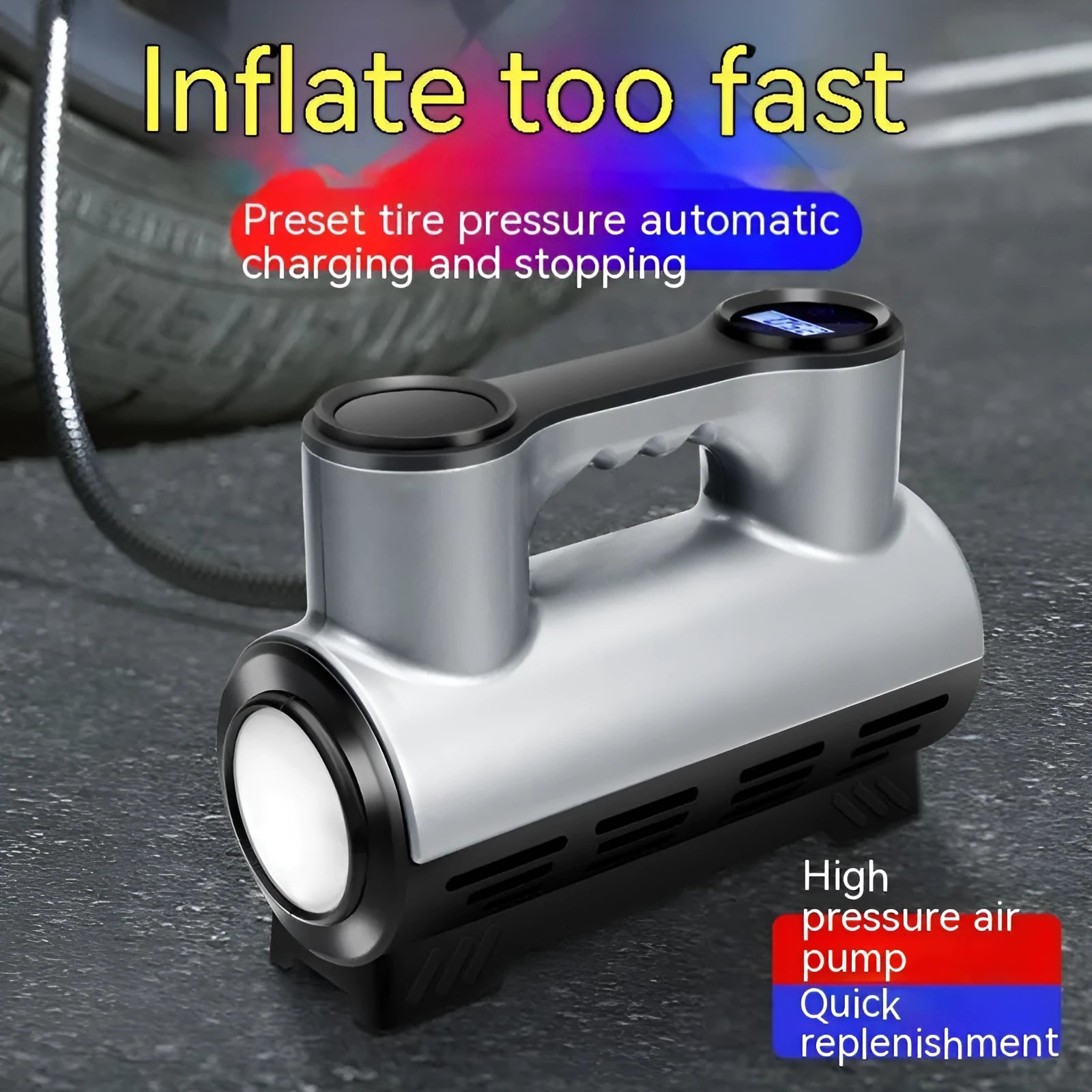 Compact black 12V portable car air pump with digital display and attached air hose.