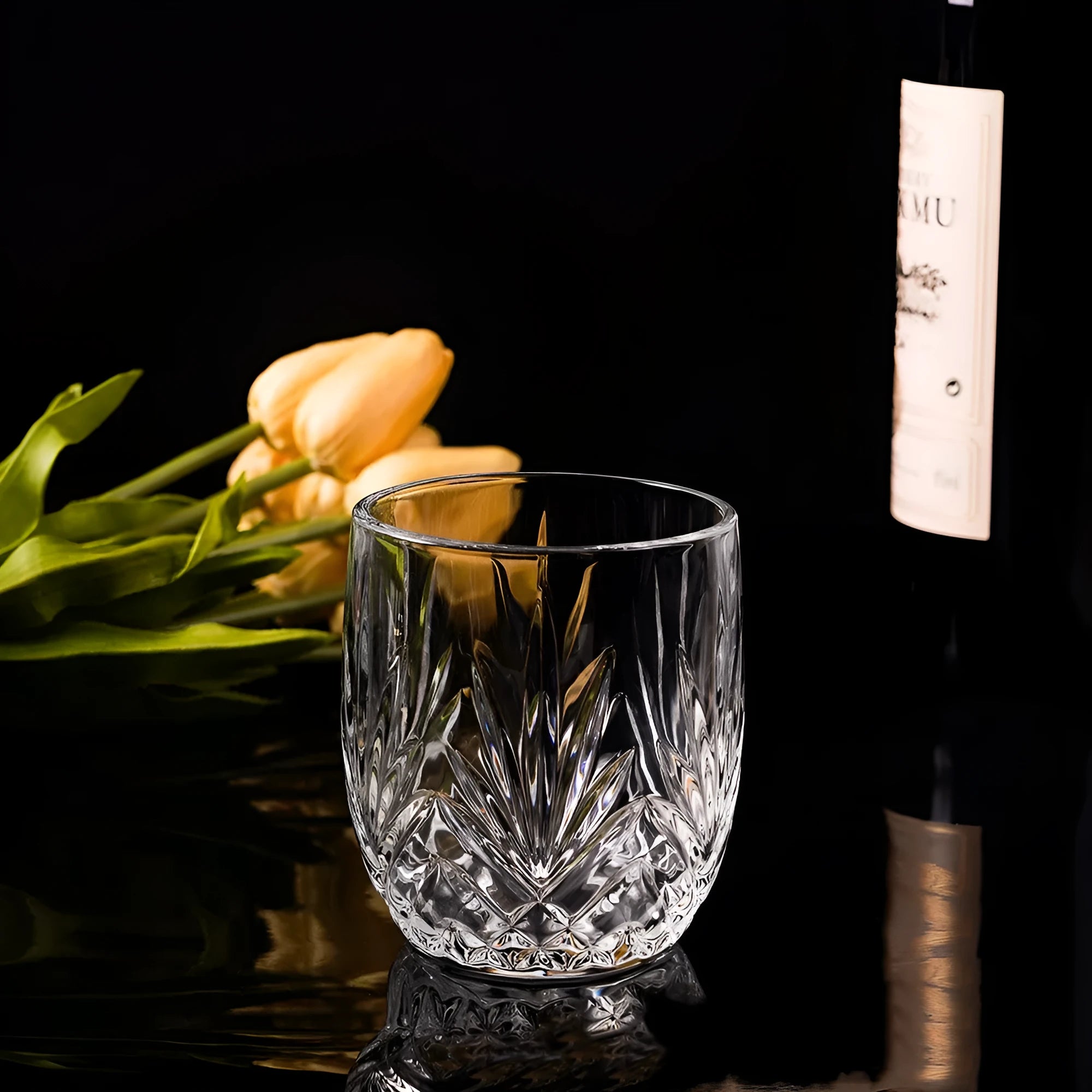 Thick bottom crystal whiskey shot glass in a selected colour style, showing heavy base.