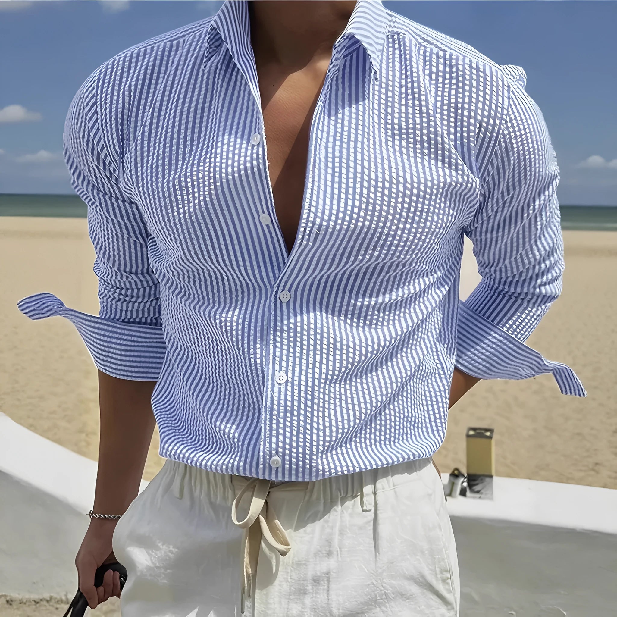 Men's striped cardigan lapel shirt in polyester available in multiple colours with long sleeves