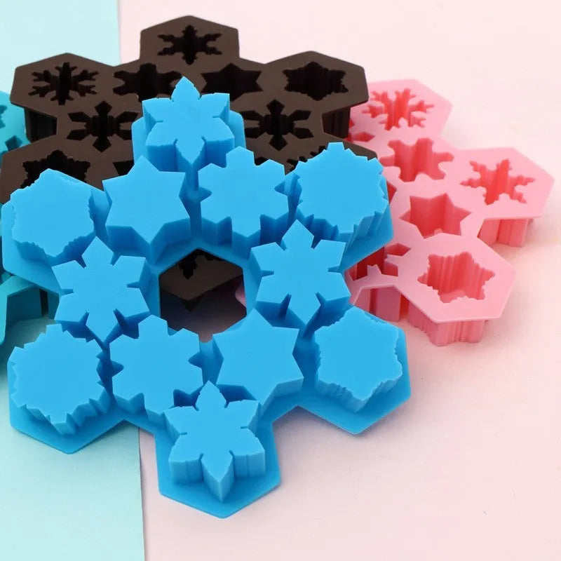 12-hole snowflake silicone mold in light blue for DIY ice cubes and baking