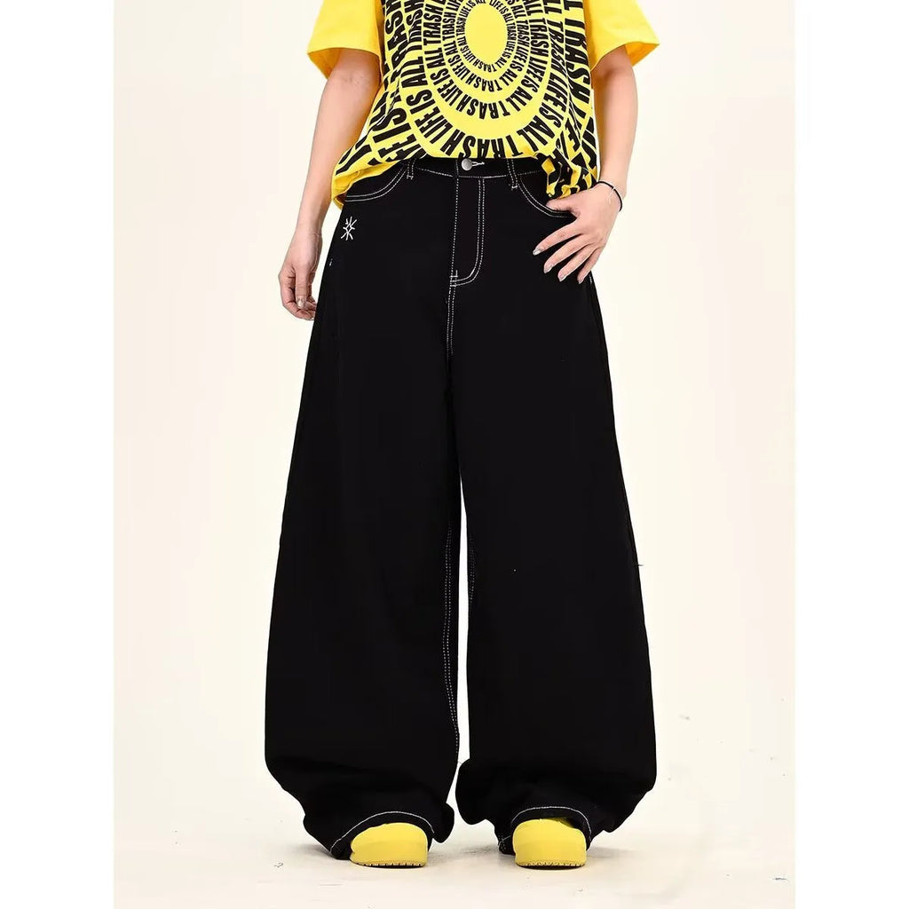 Black personalised letter jeans mid waist cotton denim hip hop trousers zip placket