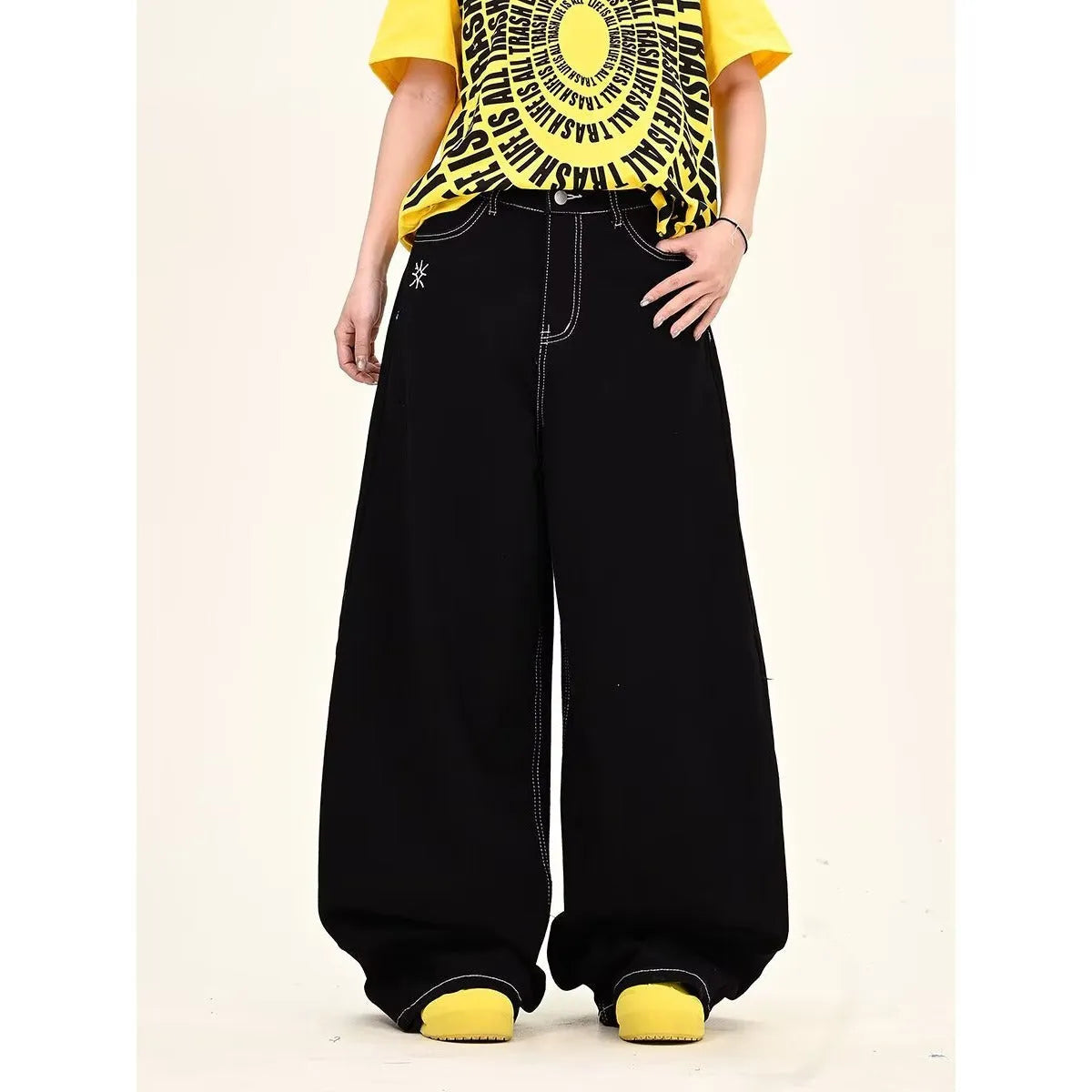 Black personalised letter jeans mid waist cotton denim hip hop trousers zip placket
