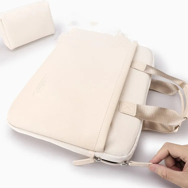 Beige PU leather laptop bag for MacBook Pro 15.6 inch with zipper closure and soft handle