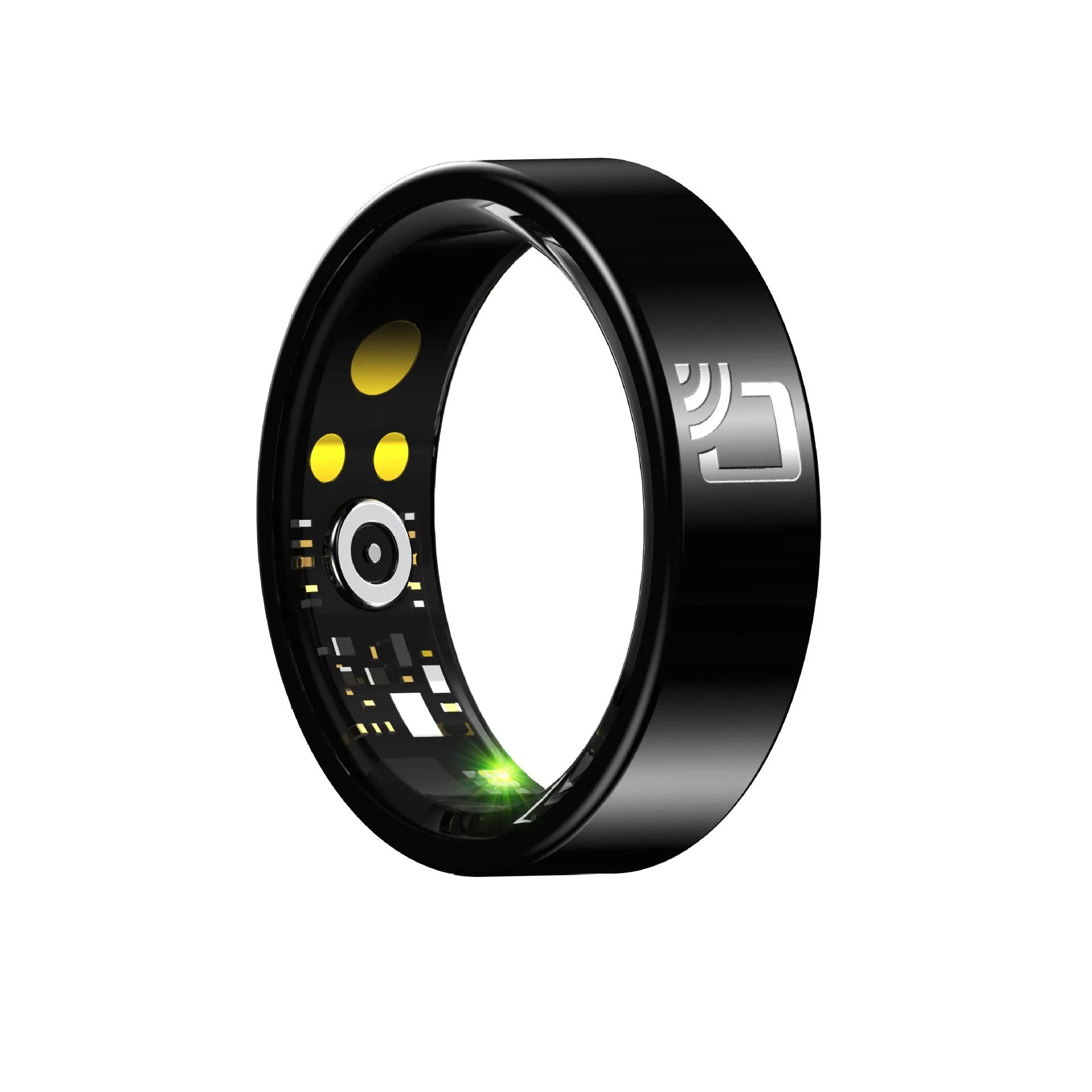 Black ceramic smart ring with health monitoring features including heart rate and blood oxygen tracking