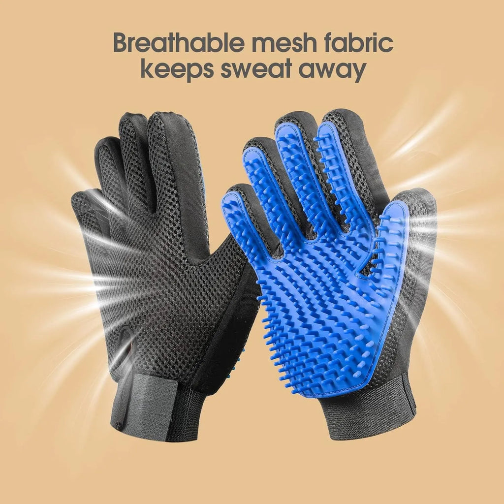 Blue silicone pet grooming glove with 255 fingertips for removing hair from dogs and cats.