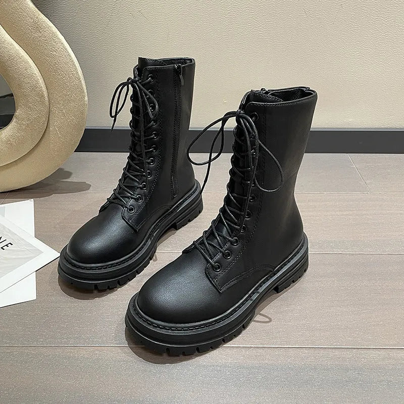 Women's mid-calf Martin boots with lace-up and side zipper, thick rubber sole, round toe, in black cowhide leather