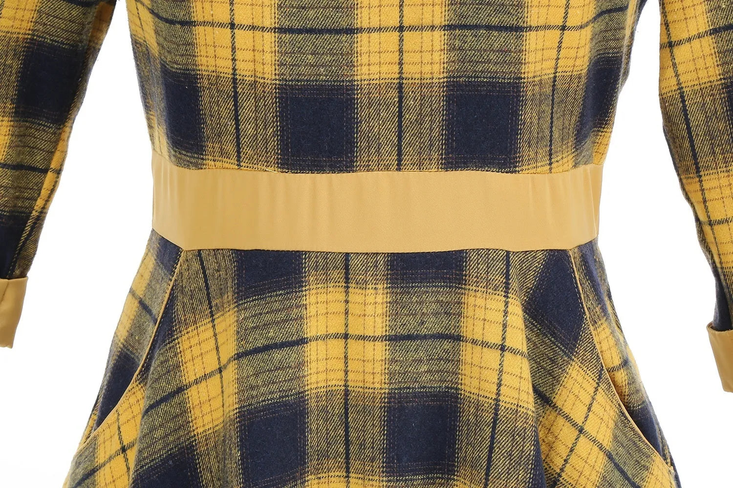 Yellow and black grid plaid turtleneck bow high waist swing dress on display showing full skirt and bow detail