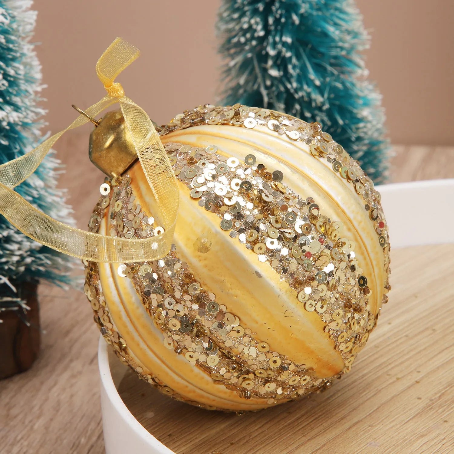Green and yellow striped flocked glass Christmas ball ornament 80mm