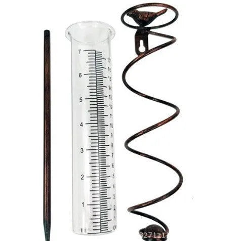 Bird-shaped garden rain gauge with glass measurement cylinder showing 0-800ml capacity and 1-20 scale