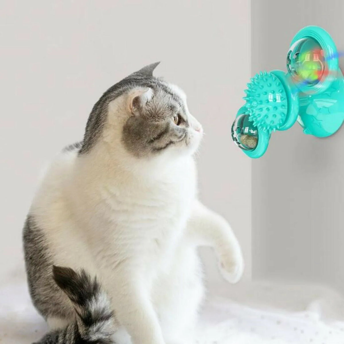 Windmill cat toy with suction cup, rotating spinner, LED ball, and catnip balls for indoor cats