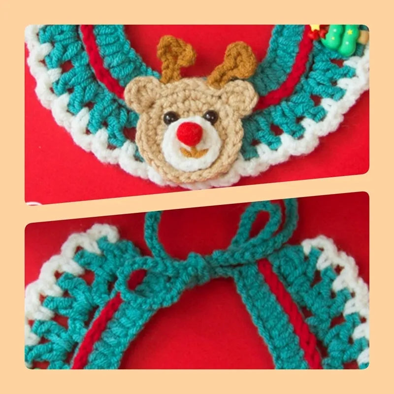 Adjustable Christmas knit pet collar with crochet Elk pattern, soft yarn, sizes L and M for cats and dogs