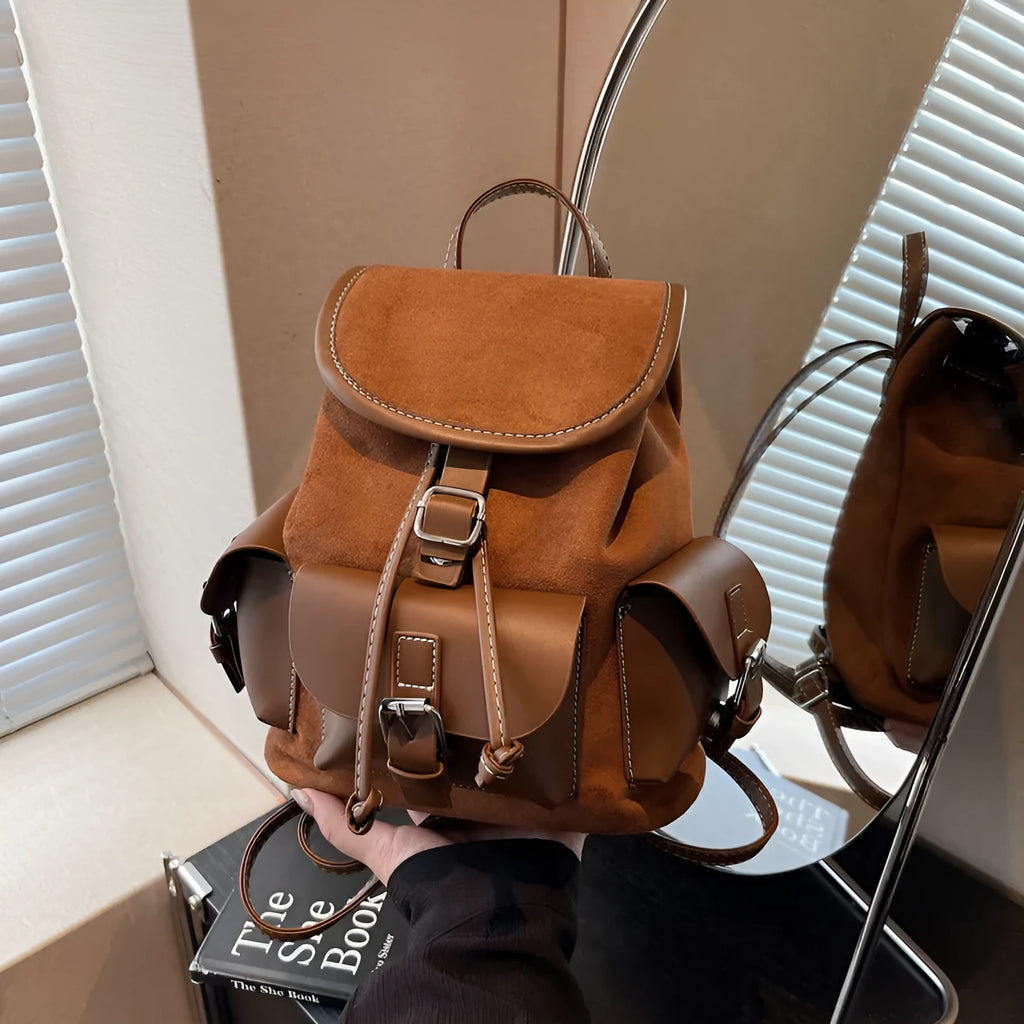 Retro textured PU women's backpack in beige with stitched detailing and outer sandwich pocket