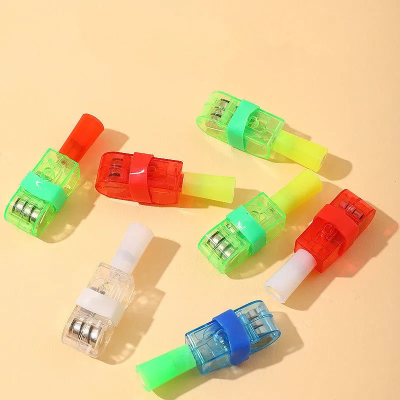 Pack of 10 plastic cartoon finger projection lamps in mixed hair colours on white background