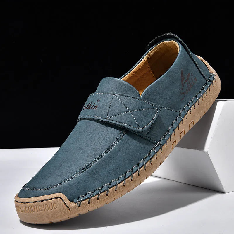 Autumn leisure hand-stitched PU leather shoes with Velcro fastening in rose red, flat heel