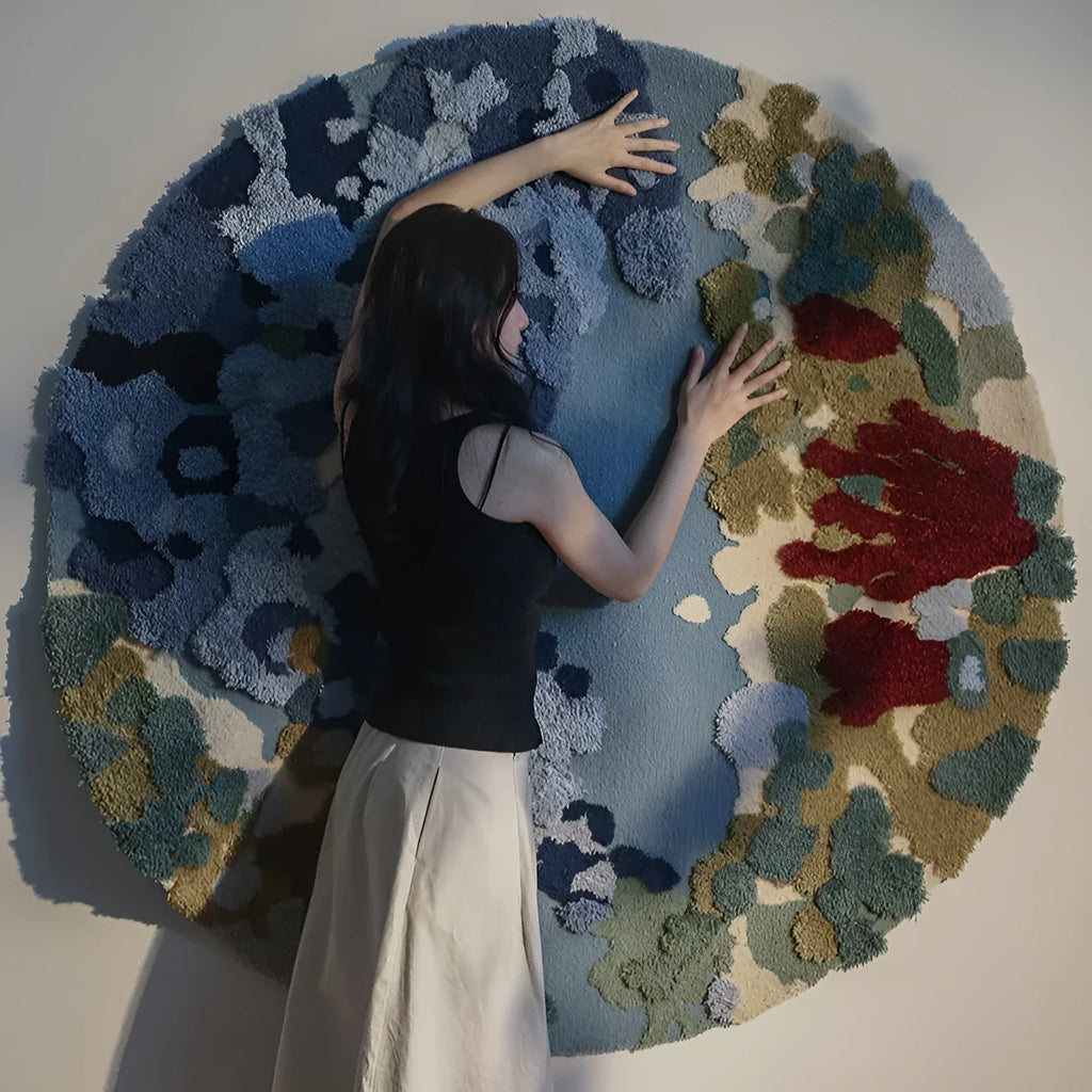 Handmade acrylic round carpet Ocean Secret Realm design on living room floor