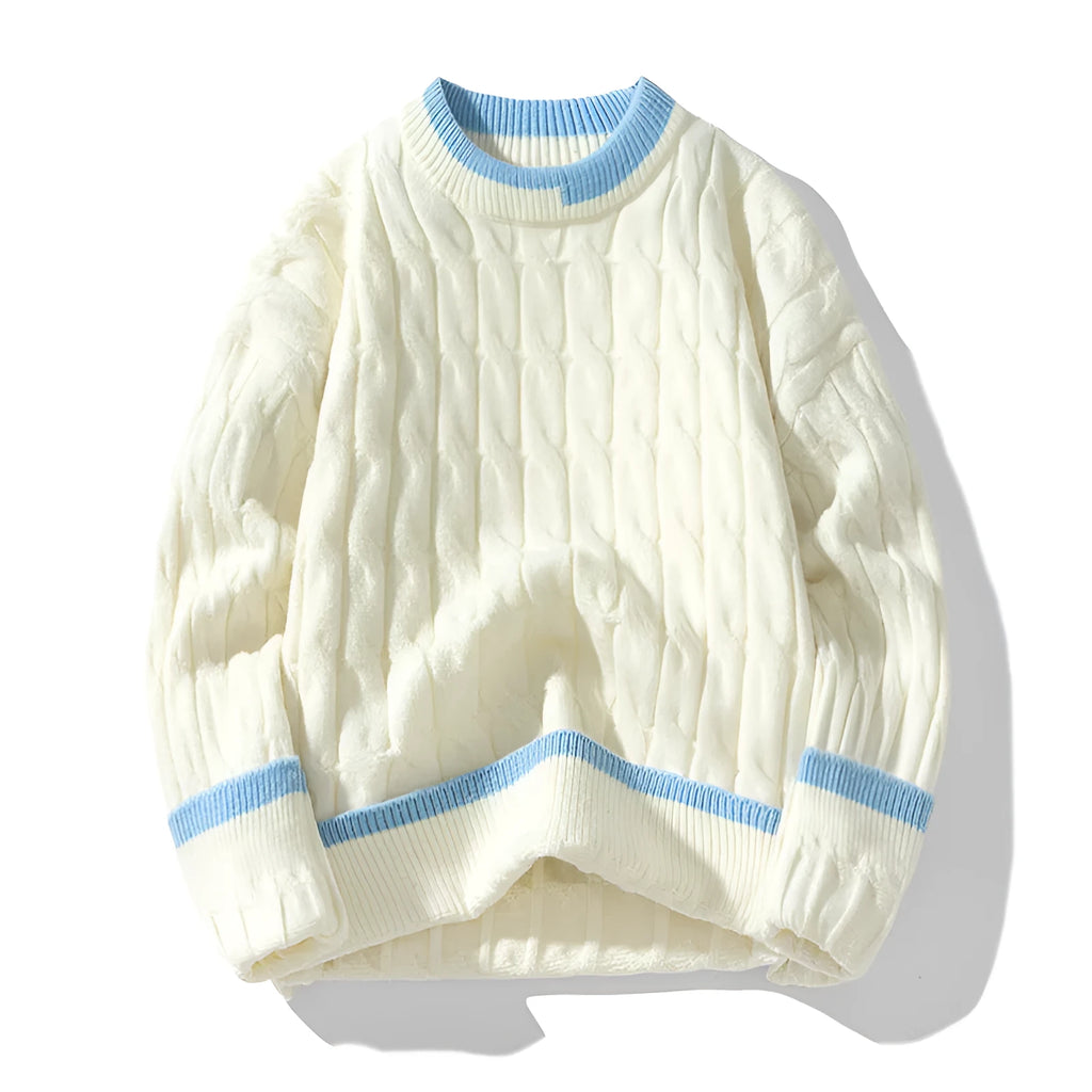 Men's loose fit two-piece modal acrylic sweater set in beige, shown as a pullover with long sleeves.