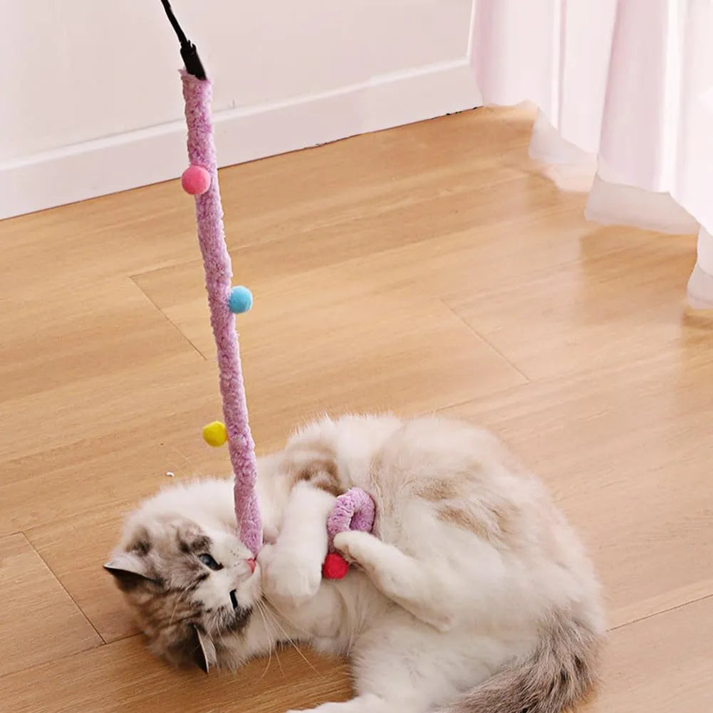 Blue interactive cat wand toy with a long plush strip and fluffy bell ball.