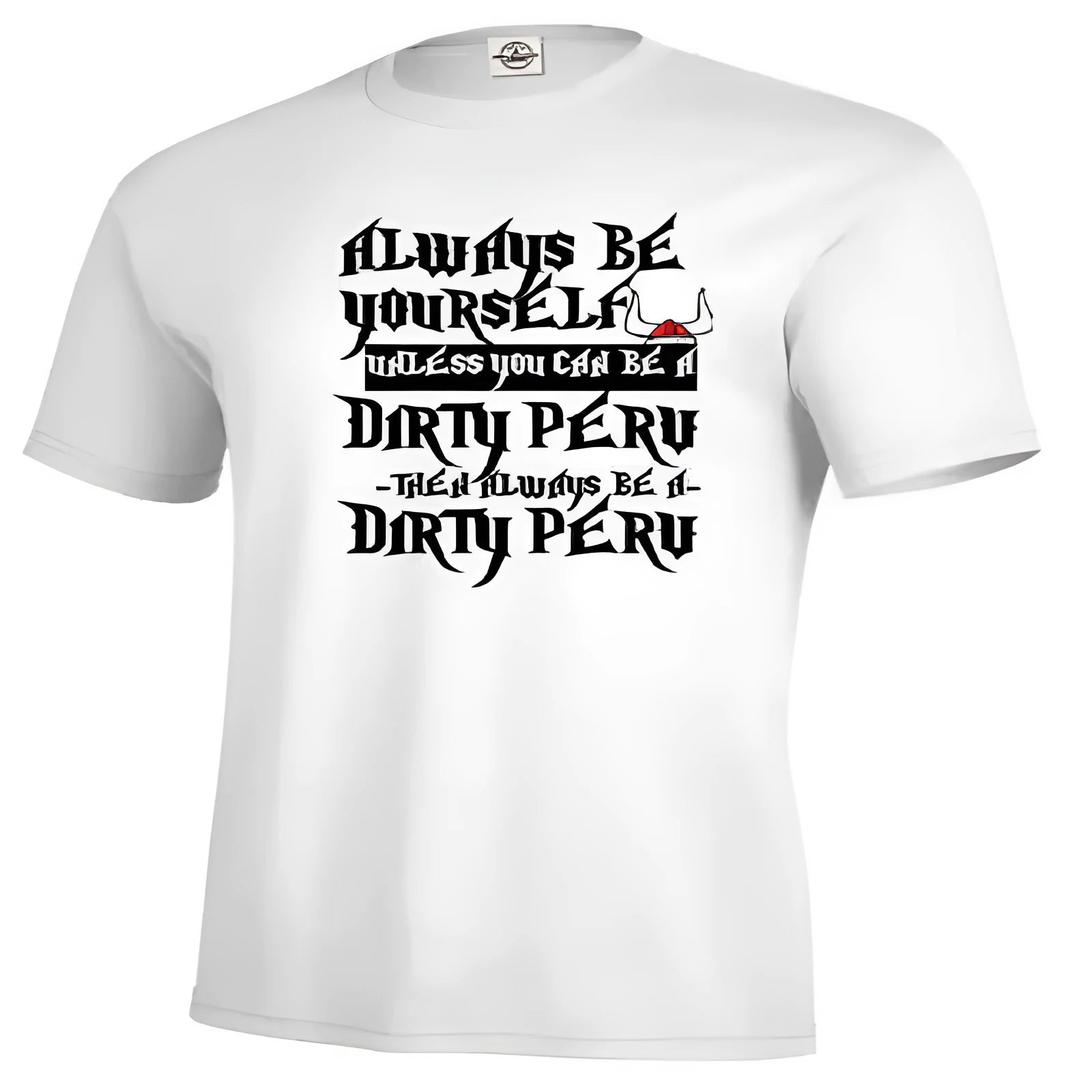 Men's solid white printed short sleeve casual T-shirt on a hanger.