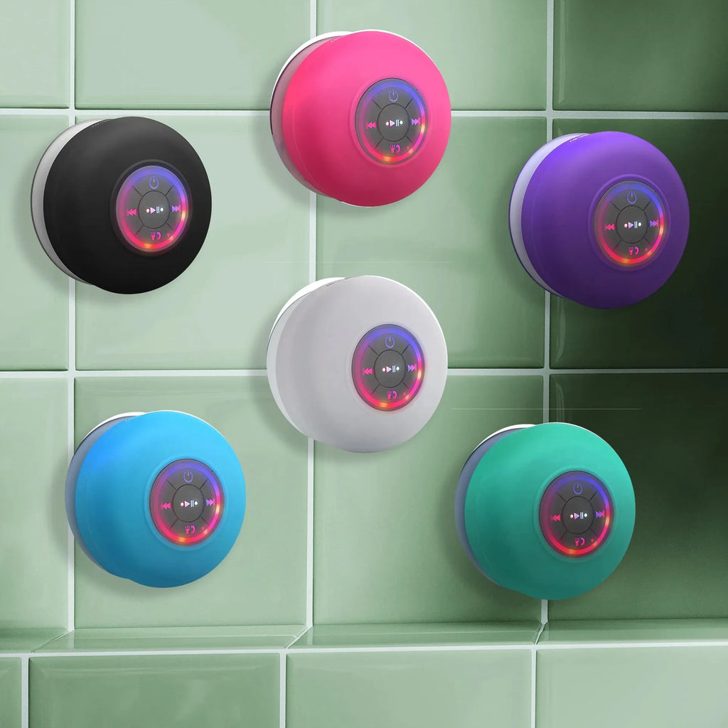 BTS07 waterproof Bluetooth speaker with large suction cup and RGB lights in six colour options
