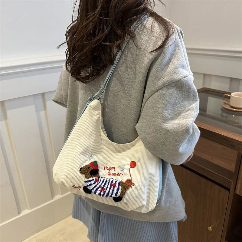 Retro large capacity women's tote bag with double shoulder straps in blue and white colours