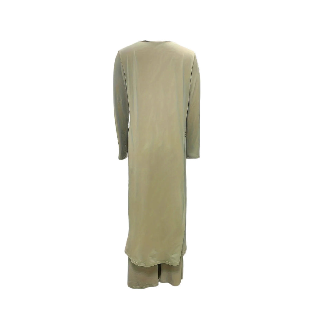 Casual long sleeve two-piece loungewear set in a neutral colour, showing the loose round neck top and matching trousers.