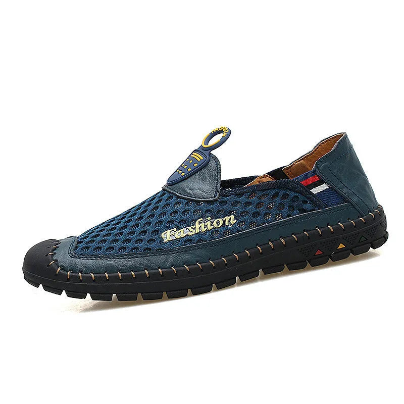 Men's brown breathable mesh casual shoes with round toe and rubber sole.
