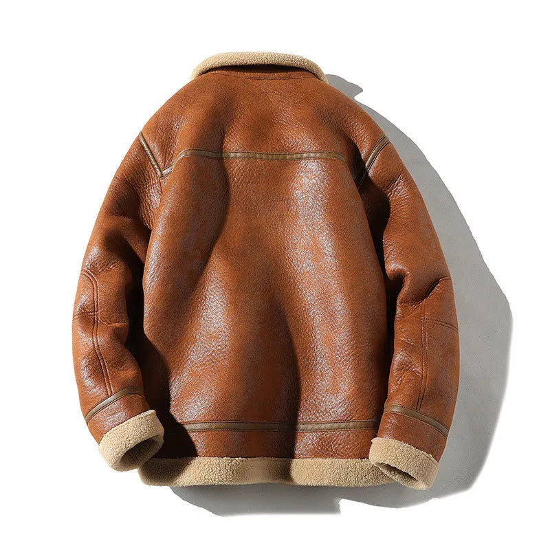 Plus size women's PU leather coat with faux fur collar in camel colour, fleece-lined for winter