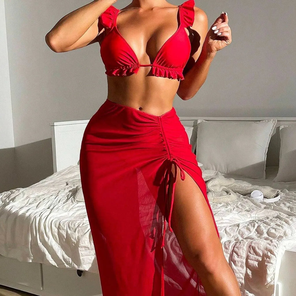 Women's printed split bikini three-piece swimsuit set with a skirt in various colours