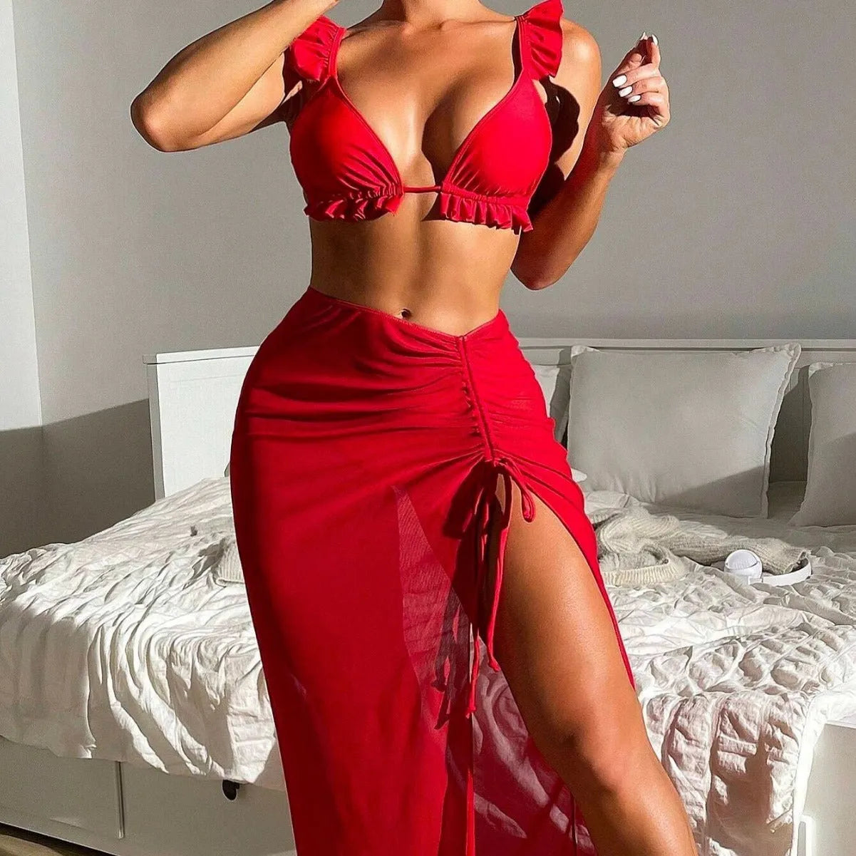 Women's printed split bikini three-piece swimsuit set with a skirt in various colours