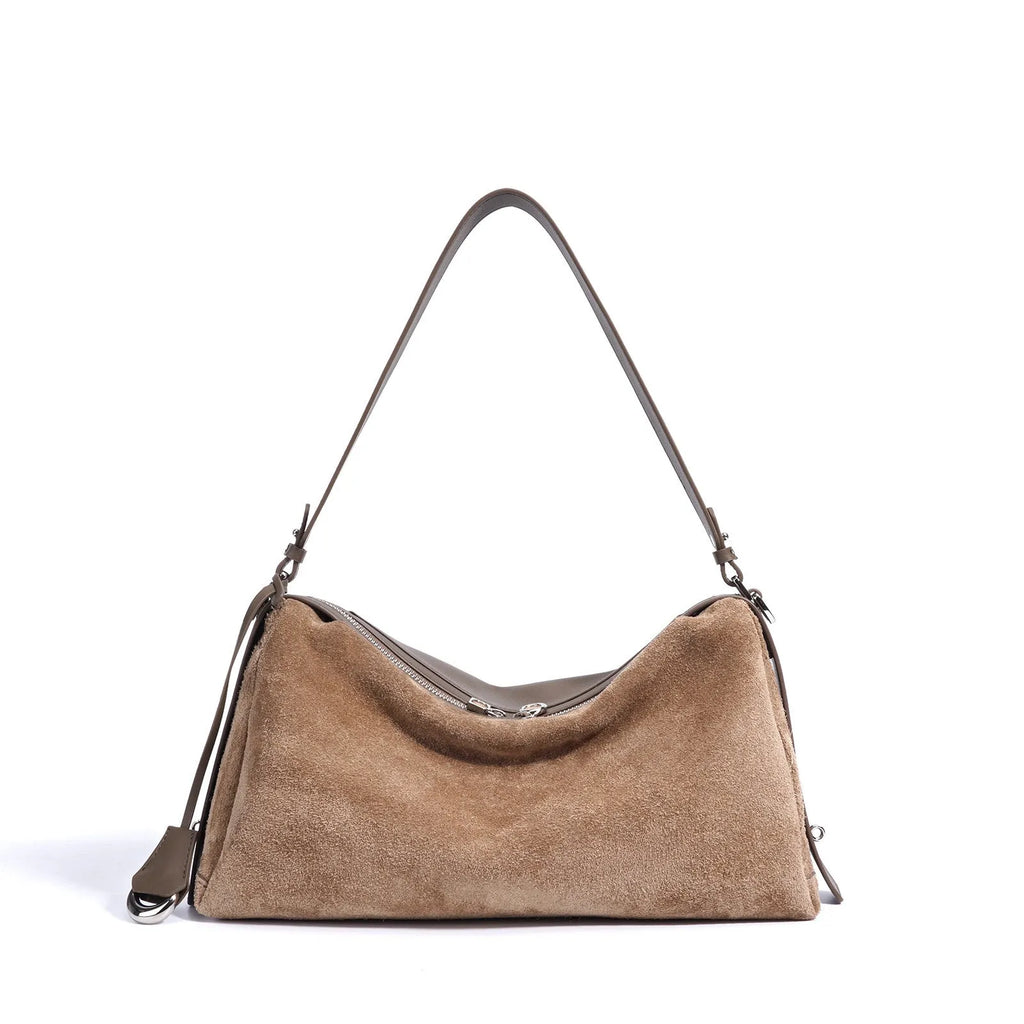 Cowhide tote handbag in chocolate, caramel or milk tea with single shoulder strap and internal file bag