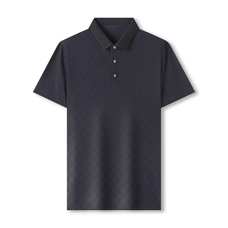 Rhombus patterned thin ice silk short sleeve t-shirt for men in black with a slit detail.