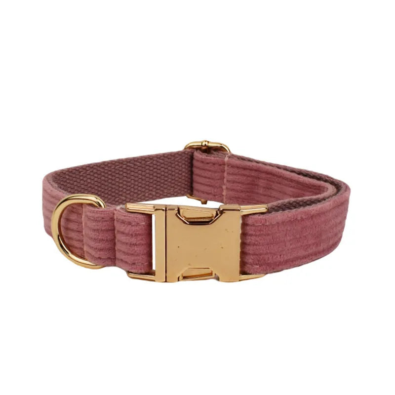 Corduroy dog collar and matching accessories including leash, vest, bow tie, and poop bag holder