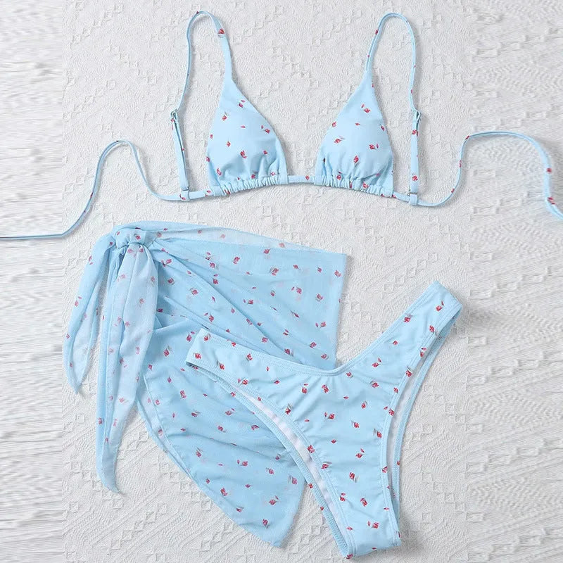 Women's beach style printed swimsuit three piece set in blue with polyester fabric, sizes S to XL