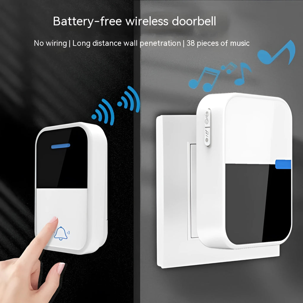 White wireless doorbell receiver and transmitter with modern design on a wooden table.