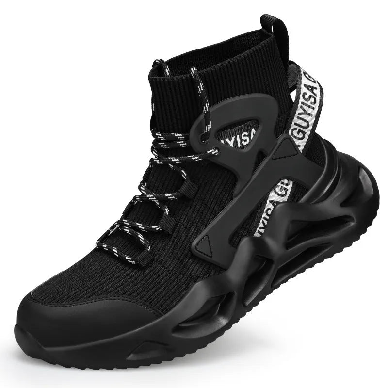 Men's black and white steel toe cap safety work shoes with fly woven mesh upper and rubber sole on concrete floor