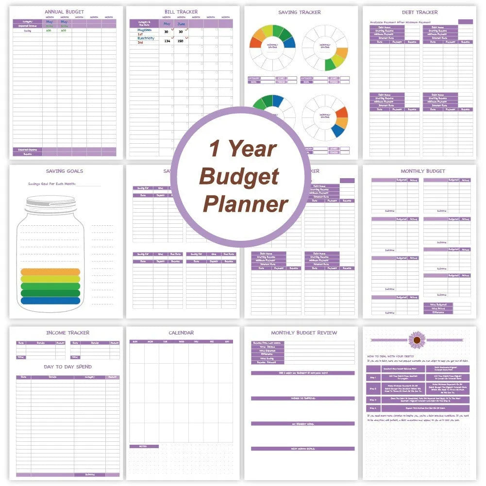 Purple A4 coil notebook for financial planning with budget pages, pen and accessories