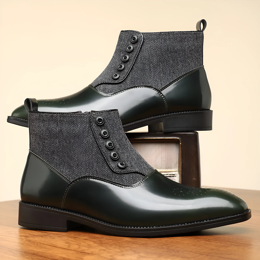 Men's brown retro formal shoe with side zipper, square toe, and low square heel on a white background.