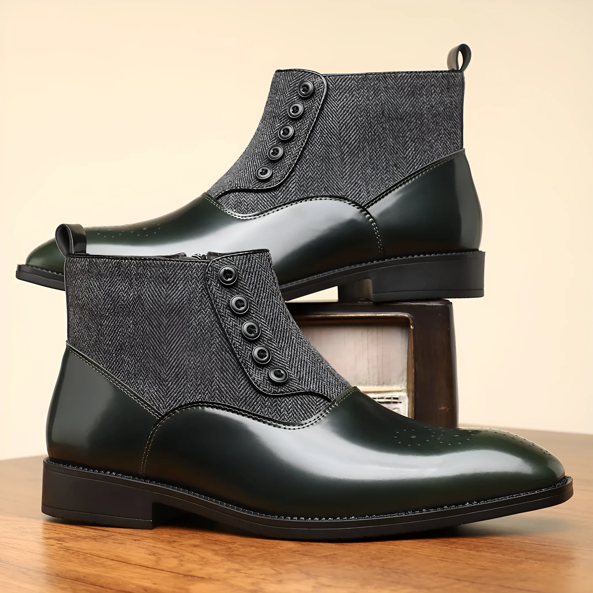 Men's brown retro formal shoe with side zipper, square toe, and low square heel on a white background.